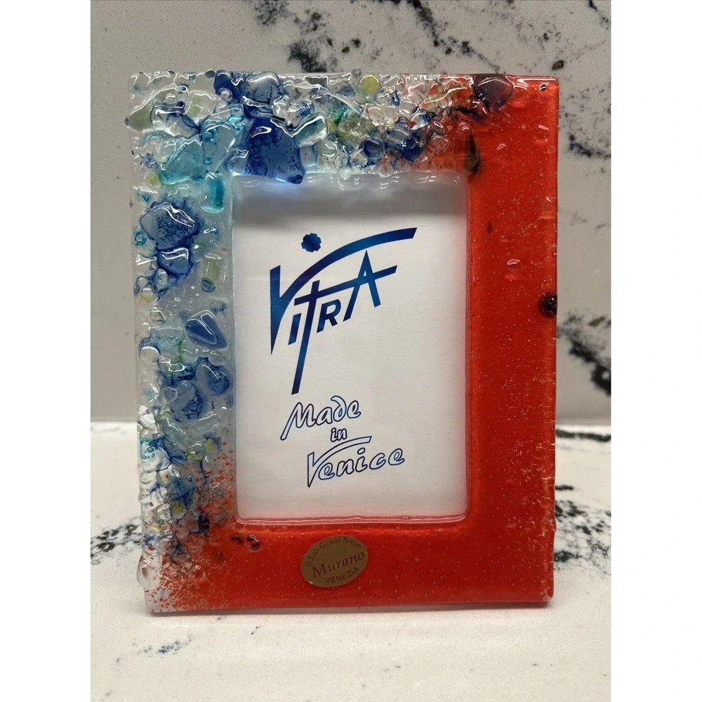 Vitra Murano Glass Picture Frames Set of 2 Red Blue Made in Venice Italy 2.5x3.5